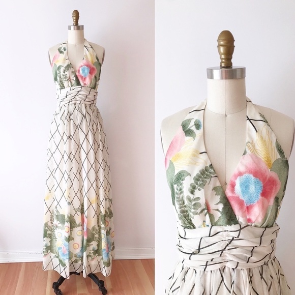 Vintage Dresses & Skirts - Vintage 1970s Floral Maxi Dress Long Windowpane XS